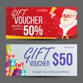 Christmas Voucher Vector. Horizontal Banner. Merry Christmas. Santa Claus And Gifts. End Of The Year Advertisement. Cute Royalty Free Stock Photo