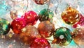 Christmas  wallpaper holiday white gold silver red green balls with snowflakes  light decoration light new year blurry lights back Royalty Free Stock Photo