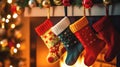 Christmas warm socks gifts hanging by the fireplace close-up