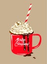 Christmas Warming beverage quote. Modern calligraphy style handwritten lettering with red cup of coffee.