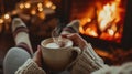 Cozy moments by the fireplace, a mug of hot chocolate or coffee in hand, Ai Generated