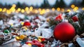 Overflowing landfill with Christmas waste and decorations in festive setting. Generative AI Royalty Free Stock Photo