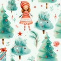 Christmas water color pattern of doll gift box and tree, seamless pattern, generative AI