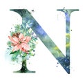 Christmas Watercolor Alphabet. Letter N