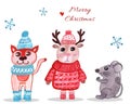 Christmas watercolor animals setwith cat, deer and rat Royalty Free Stock Photo