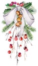 Christmas Watercolor arrangement with fir tree branches, bells and ribbon bow illustration