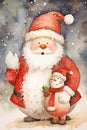 Christmas watercolor background. Christmas card. Adorable santa claus in a red hat