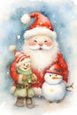 Christmas watercolor background. Christmas card. Adorable santa claus in a red hat