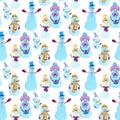 Christmas watercolor background. Seamless pattern with snowmans. Design elements for wallpaper, wrapping, decoration