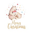 Christmas watercolor bear. Cute kids xmas forest bears animal illustration, new year card or poster. Hand drawn nursery Royalty Free Stock Photo