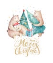 Christmas watercolor bear. Cute kids xmas forest bears animal illustration, new year card or poster. Hand drawn nursery Royalty Free Stock Photo