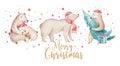 Christmas watercolor bear. Cute kids xmas forest bears animal illustration, new year card or poster. Hand drawn nursery Royalty Free Stock Photo