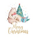 Christmas watercolor bear. Cute kids xmas forest bears animal illustration, new year card or poster. Hand drawn nursery Royalty Free Stock Photo