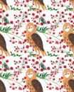 Christmas Watercolor beautiful seamless pattern with owls and Christmas red berries decor. Royalty Free Stock Photo
