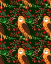 Christmas Watercolor beautiful seamless pattern with owls and Christmas red berries decor. Royalty Free Stock Photo