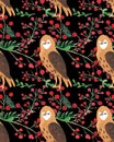 Christmas Watercolor beautiful seamless pattern with owls and Christmas red berries decor. Royalty Free Stock Photo