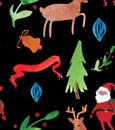 Christmas Watercolor beautiful seamless pattern with Santa, deer, ribbons, bells and tree. Happy New Year decor