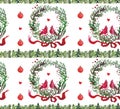 Christmas Watercolor beautiful seamless pattern with wreath, birds, ribbons and balls.