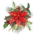 CHRISTMAS WATERCOLOR BOUQUET WITH POINSETTIAS AND RED BERRIES.