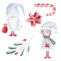 Christmas watercolor clipart set. Hand painted gnome, xmas girl, red flower, candy cane, greenery and berries.