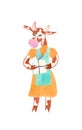 Christmas watercolor cow with a gift and an apron. Festive illustration Royalty Free Stock Photo