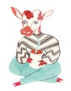 Christmas watercolor cow with hot drink. Festive illustration with a bull Royalty Free Stock Photo