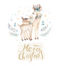 Christmas watercolor deer. Cute kids xmas forest animal illustration, new year card or poster. Hand drawn isolated baby Royalty Free Stock Photo