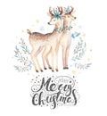 Christmas watercolor deer. Cute kids xmas forest animal illustration, new year card or poster. Hand drawn isolated baby