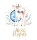 Christmas watercolor deer. Cute kids xmas forest animal illustration, new year card or poster. Hand drawn isolated baby Royalty Free Stock Photo