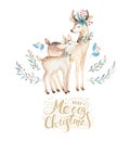 Christmas watercolor deer. Cute kids xmas forest animal illustration, new year card or poster. Hand drawn isolated baby Royalty Free Stock Photo