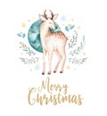 Christmas watercolor deer. Cute kids xmas forest animal illustration, new year card or poster. Hand drawn isolated baby Royalty Free Stock Photo