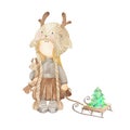 Christmas watercolor doll dressed as a fawn