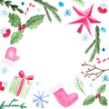 Christmas watercolor elements placed as frame. Vector illustration of christmas sock, star, fir branch, winter berries, Christmas Royalty Free Stock Photo