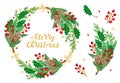 Watercolor Christmas frame with pine tree branches, leaves and berries for greeting card, invitation Royalty Free Stock Photo
