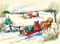 Christmas watercolor of a horse and sleigh