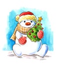 A cute snowman with a Christmas tree watercolor illustration