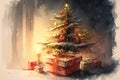 Christmas watercolor illustration, gifts under tree on festive evening. Generative AI