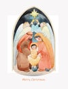 Christmas watercolor illustration of the Nativity scene: the newborn Jesus Christ, the Blessed Virgin Mary, Joseph, angels and the Royalty Free Stock Photo