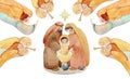 Christmas watercolor illustration of the Nativity scene: the newborn Jesus Christ, the Blessed Virgin Mary, Joseph, and angels. Royalty Free Stock Photo