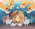 Christmas watercolor illustration of the Nativity scene: the newborn Jesus Christ, the Blessed Virgin Mary, Joseph, angels and the Royalty Free Stock Photo