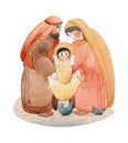 Christmas watercolor illustration of the Nativity scene: the newborn Jesus Christ, the Blessed Virgin Mary, Joseph isolated on a Royalty Free Stock Photo