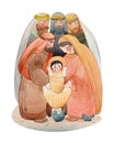 Christmas watercolor illustration of the Nativity scene: the newborn Jesus Christ, the Blessed Virgin Mary, Joseph, the three Wise Royalty Free Stock Photo