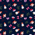 Christmas watercolor pattern with gnomes, bull in santa hat, mistletoe on dark blue background. Hand drawing. Patern for textiles Royalty Free Stock Photo