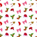 Christmas watercolor pattern with santa hat, gift bow, new year sock. Hand drawing. Patern for textiles, paper, scrapbooking, Royalty Free Stock Photo