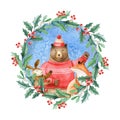 Christmas watercolor round composition with holly wreath and forest animals inside Royalty Free Stock Photo