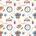 Christmas Watercolor seamless pattern with candles, gifts, garlands, wreath, mugs, mulled wine, fir branches on white.