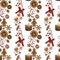Christmas watercolor seamless pattern in cartoon style. Lollipops, candy, gingerbread, bell, candle, festive background. Texture