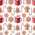 Christmas watercolor seamless pattern with gingerbreads, red mug, lollypop and candy canes.