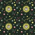Christmas watercolor seamless pattern with hand draw sun, ball, tinsel on dark green background Royalty Free Stock Photo