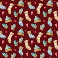Christmas Watercolor seamless pattern with hearts, hats and socks. Watercolor isolated winter illustration